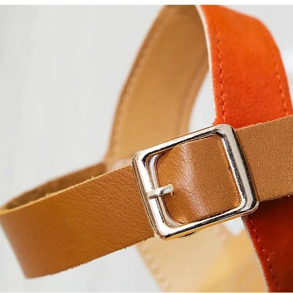 Orange Buckle Retro Floral Wedge Platform Heel Shoes - Picture 8 of 10